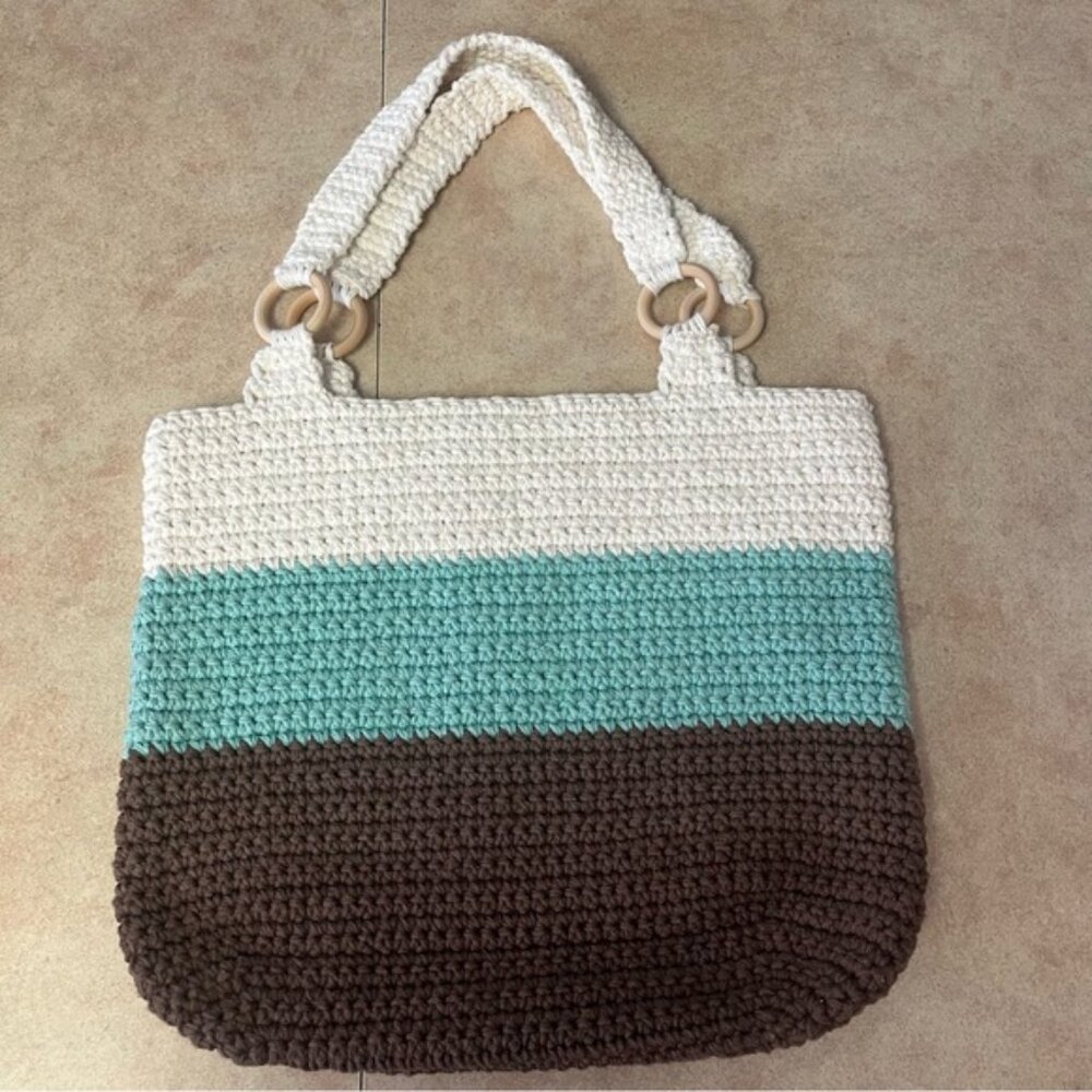 New Handcrafted Crochet Brown, Blue & Ivory Tote Bag